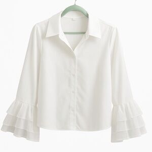 Chic White Ruffle Sleeve Button Down Shirt
